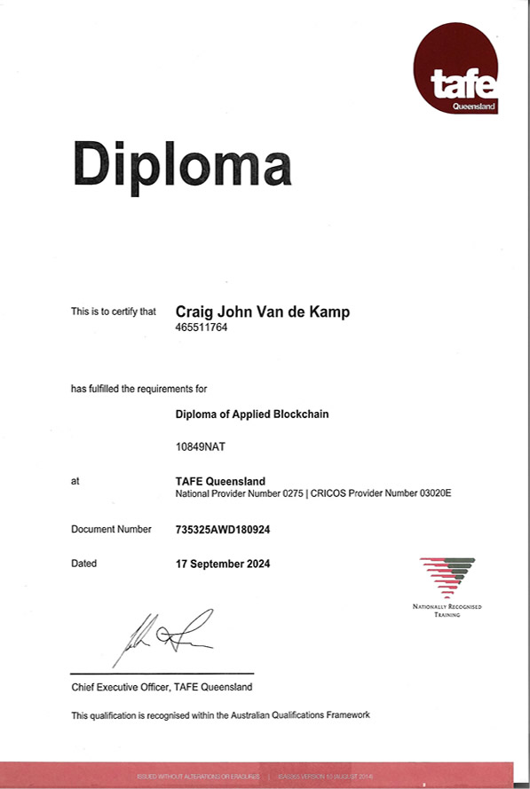 Diploma of Applied Blockchain certificate